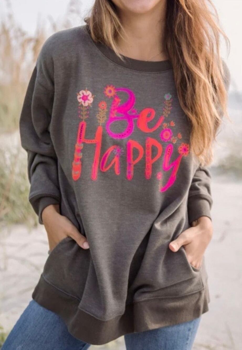 Natural Life Fleece Crewneck Be Happy Floral Gray Pocket Long Sweatshirt MEDIUM